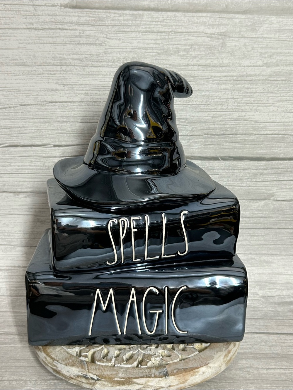 Rae Dunn Glossy Black Witch Hat Stack with White Lettering